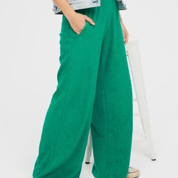 NEW Aerie OFFLINE Wide Leg Terry High Waisted Pant Pine Green S - Picture 1 of 9
